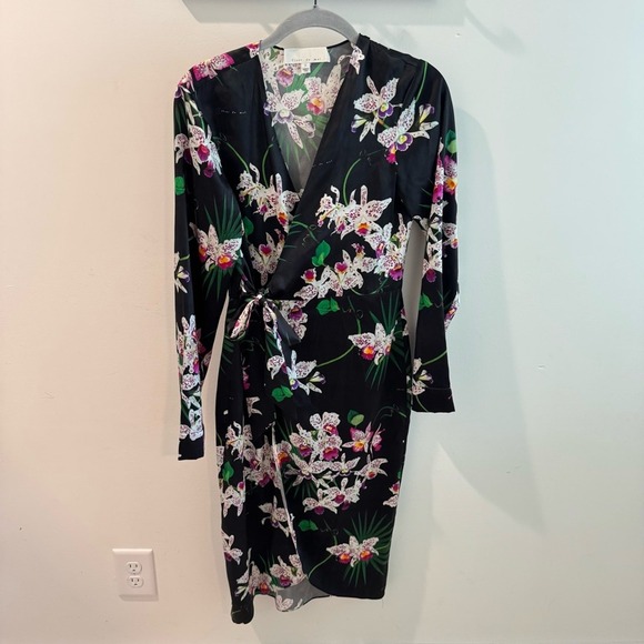 Fleur du Mal Dresses & Skirts - Fleur‎ du Mal Orchid Floral Silk Wrap Dress Black Purple Long Sleeve Small